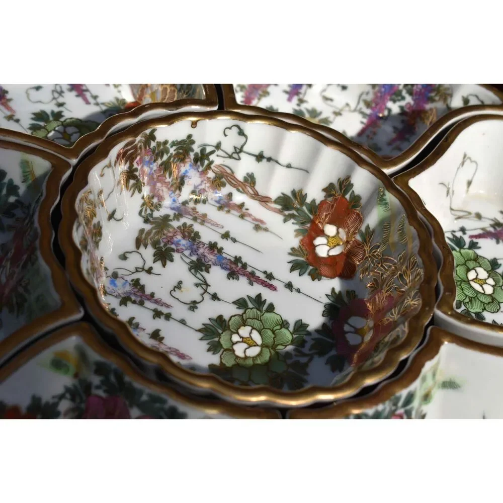 Vintage Japanese 8 Piece Hand-Painted Kutani Floral Lazy Susan Lacquer Base